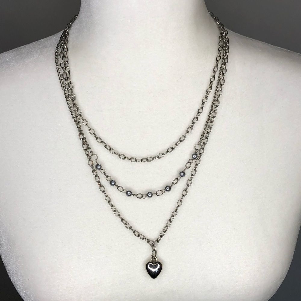 Silver Tone Heart 3 Strand Layered Necklace